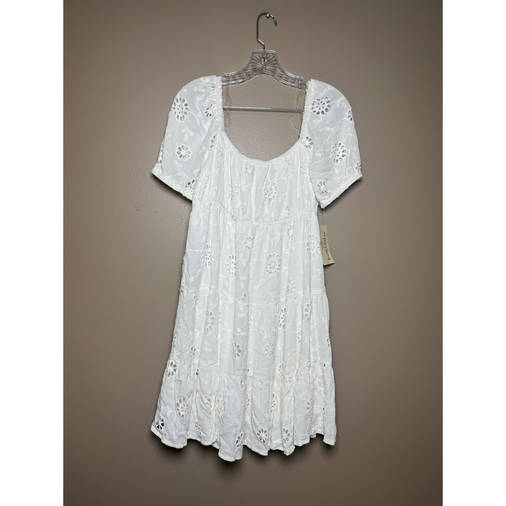 Rewind White Eyelet Mini Dress Short Puff Sleeve Smocked Back Tiered NWT Large